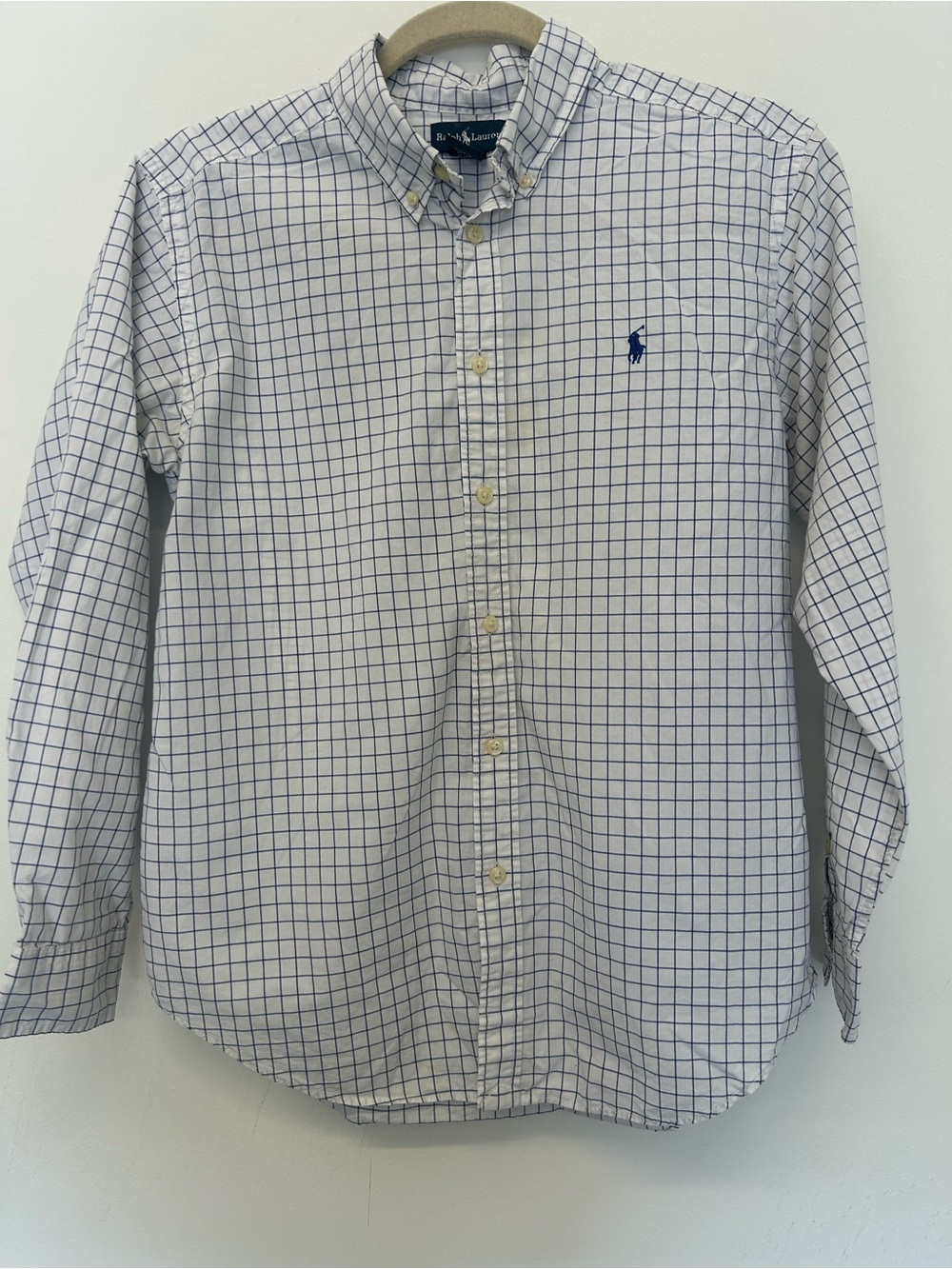 Boy’s Ralph Lauren White Button-Down Shirt with Blue Grid